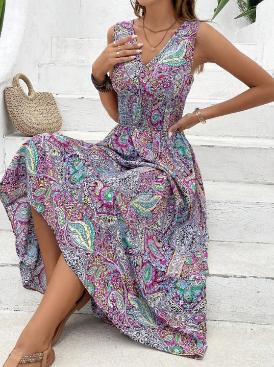 

New Summer Boho Dress Women Fahsion Sleeveles Print Beach Party Dresses Elegant Casual Holiday Female Dress For Women Robe Femme