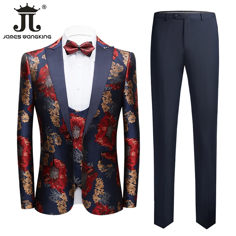 

6XL ( Jacket+Vest+Pants ) Printed Suit 3 Piece Men's Slim Fit Stage Host Costume Social Retro Banquet Tuxedo Groom Wedding Dress