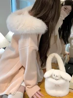 2025 New Thiened Autumn Winter Knitted Hat Sweater with Large Fur Collar Open Cardigan Loose Fit Ladies Faion Outerwear