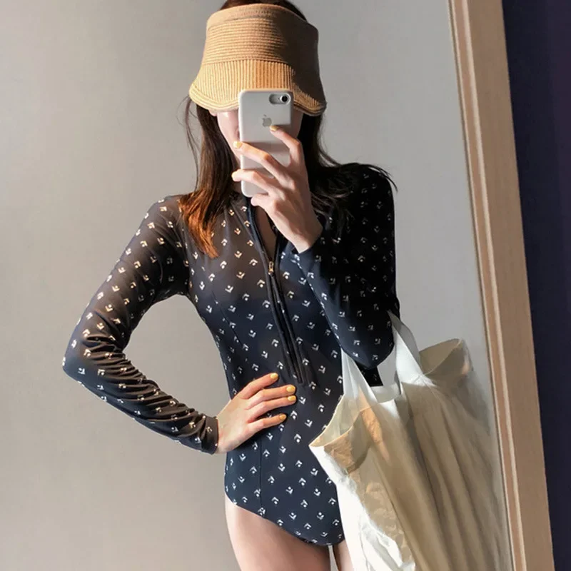 Elegant Lady One Piece Swimsuit Conservative Swimwear Long Sleeve Bathing Suit Floral Surfing Beachwear Korean Fashion Clothing