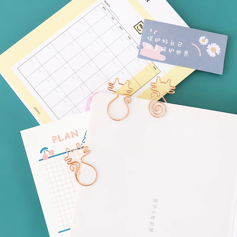 Creative gold Paper Clips cat Note Shape Metal Paperclip on Book Paper Students Stationery Office School Binding Supplies 10pcs