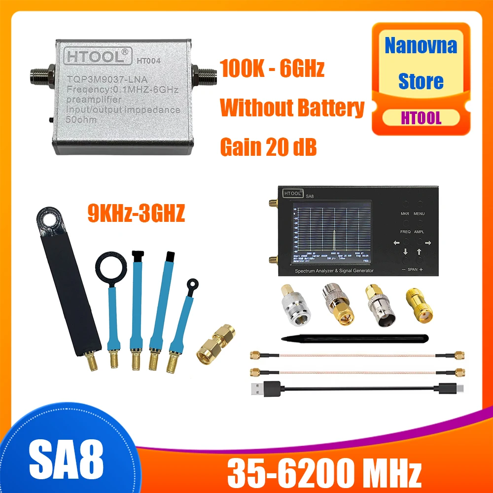 HTOOL SA8 Spectrum Analyzer HT004 35-6200Mhz Signal Measurement Boosters Amplifier HT03 Magnetic Field Probe Portable Nanovna