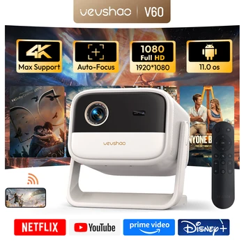 Projetor Mini Portátil VEVSHAO V60 Full HD 1080P Wifi6 BT5.2, Projetor Android com Vídeo 4K e Keystone Automático para Home Theater