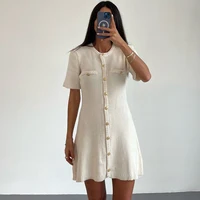 White Elegant Knitted Mini Dress For Women Metal Button Sexy Slim Rib Sweater Dress Holiday Party Outfits Autumn 2024 New - Image 2