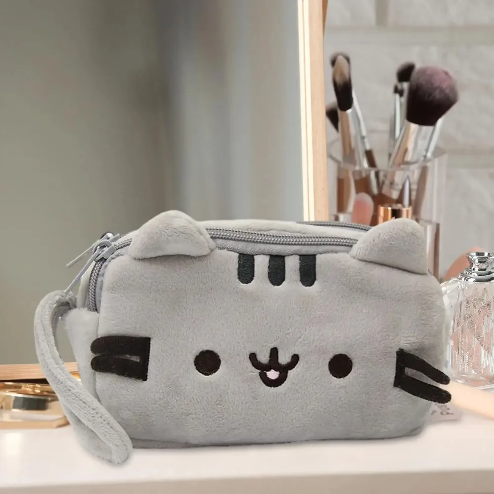 Plush Pencil Case Cute Cat Makeup Bag Large Capacity Portable Stationery Storage Pouch Zipper Closure