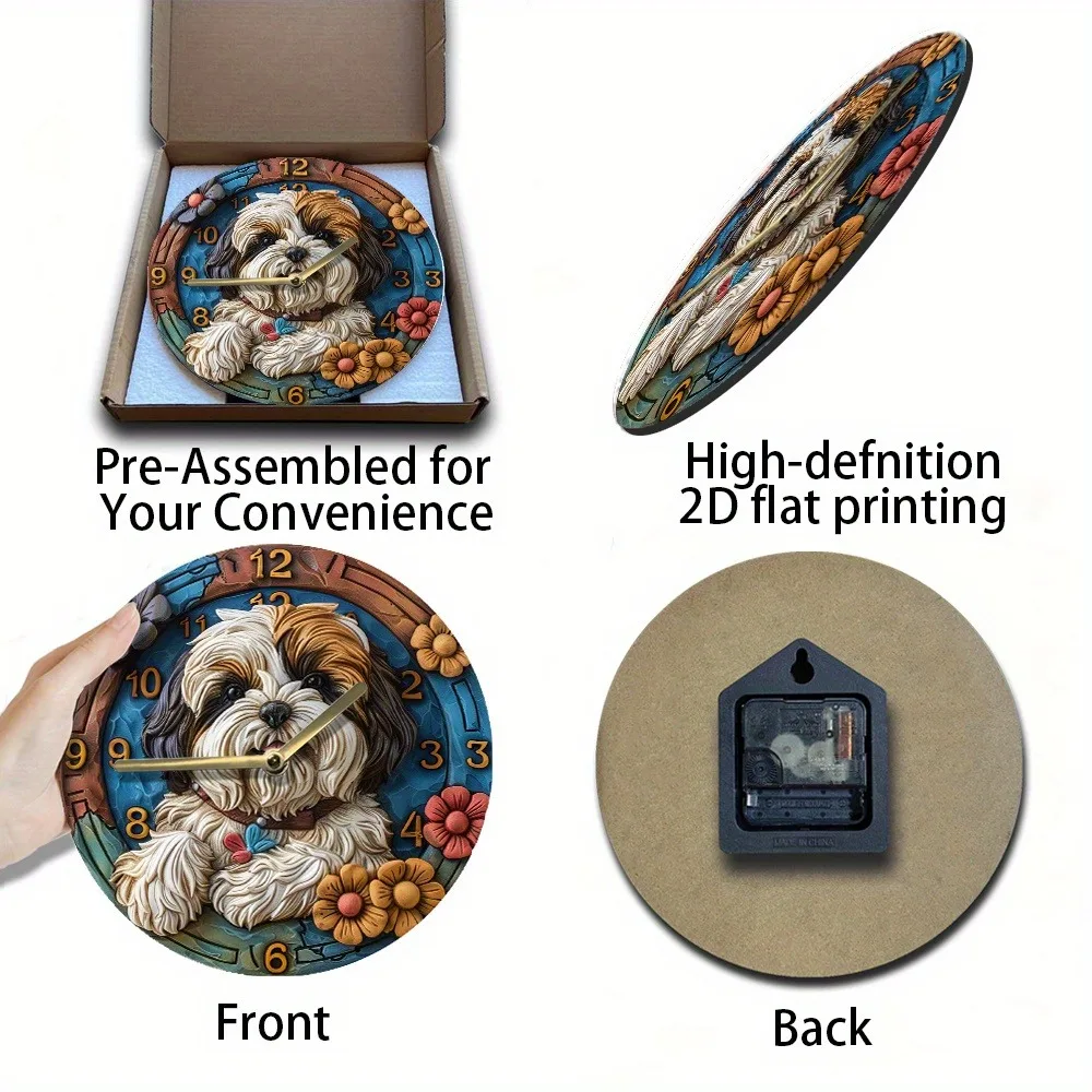 Wooden wall clock with a cute Shih Tzu design, perfect for home decor. Requires AA batteries 3