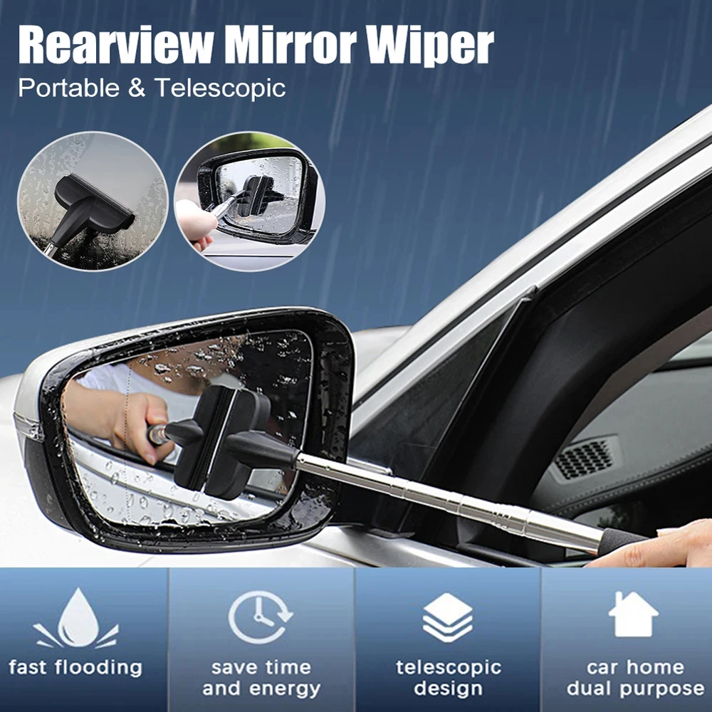  Car Rearview Mirror Wiper Telescopic Auto Mirror Squeegee  Cleaner 98cm Long Handle Car Cleaning Tool Mirror Glass Mist Cleaner  (Black) : Automotive