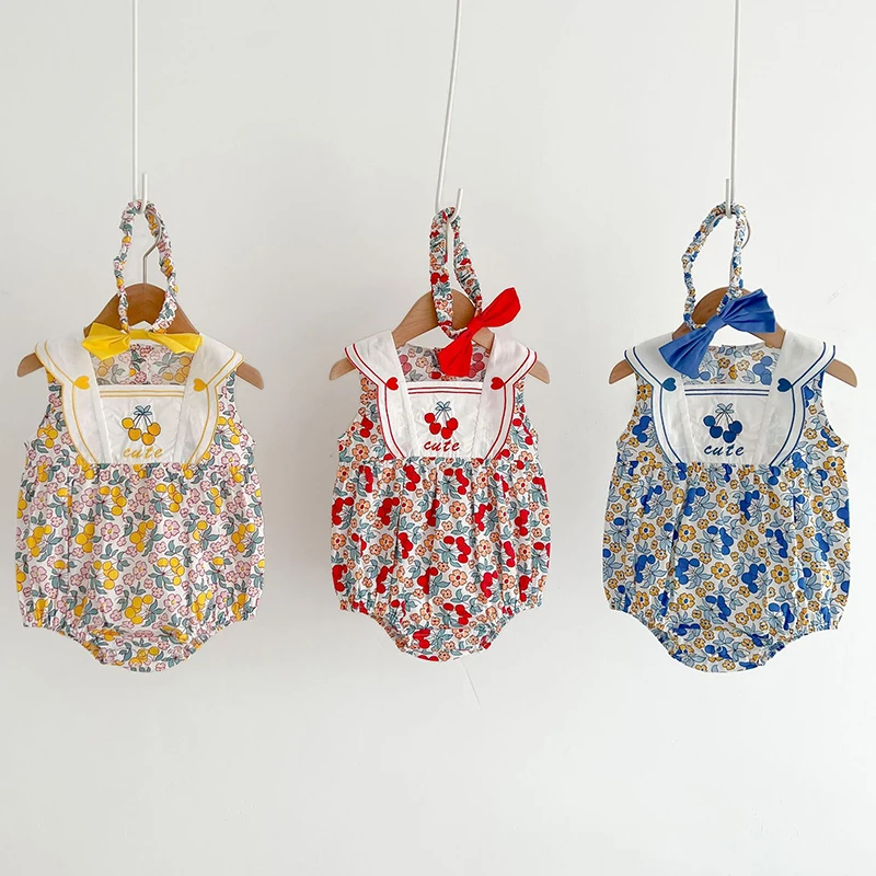 

Summer Infant Baby Girls Jumpsuit+Hair band Sleeveless Cotton Printing Newborn Baby Girls Bodysuits Children Clothes