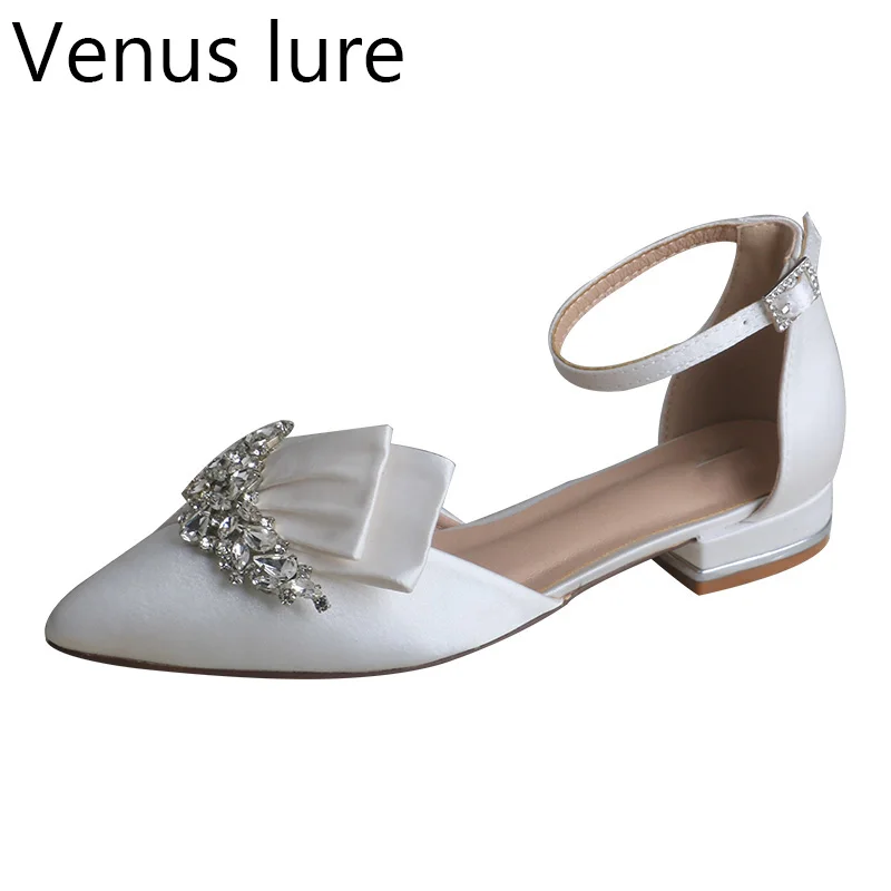 

Venus lure Pointed Toe Flats for Women Wedding Low Square Heel Bridal Shoes Diamond Brooch