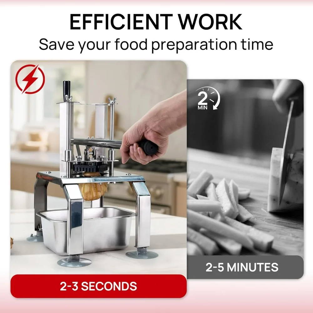 Professional Stainless Steel French Fry and Vegetable Slicer with Four Blades: 3/8, 1/2, 1/4, and 8-Wedge OptionsNEW-