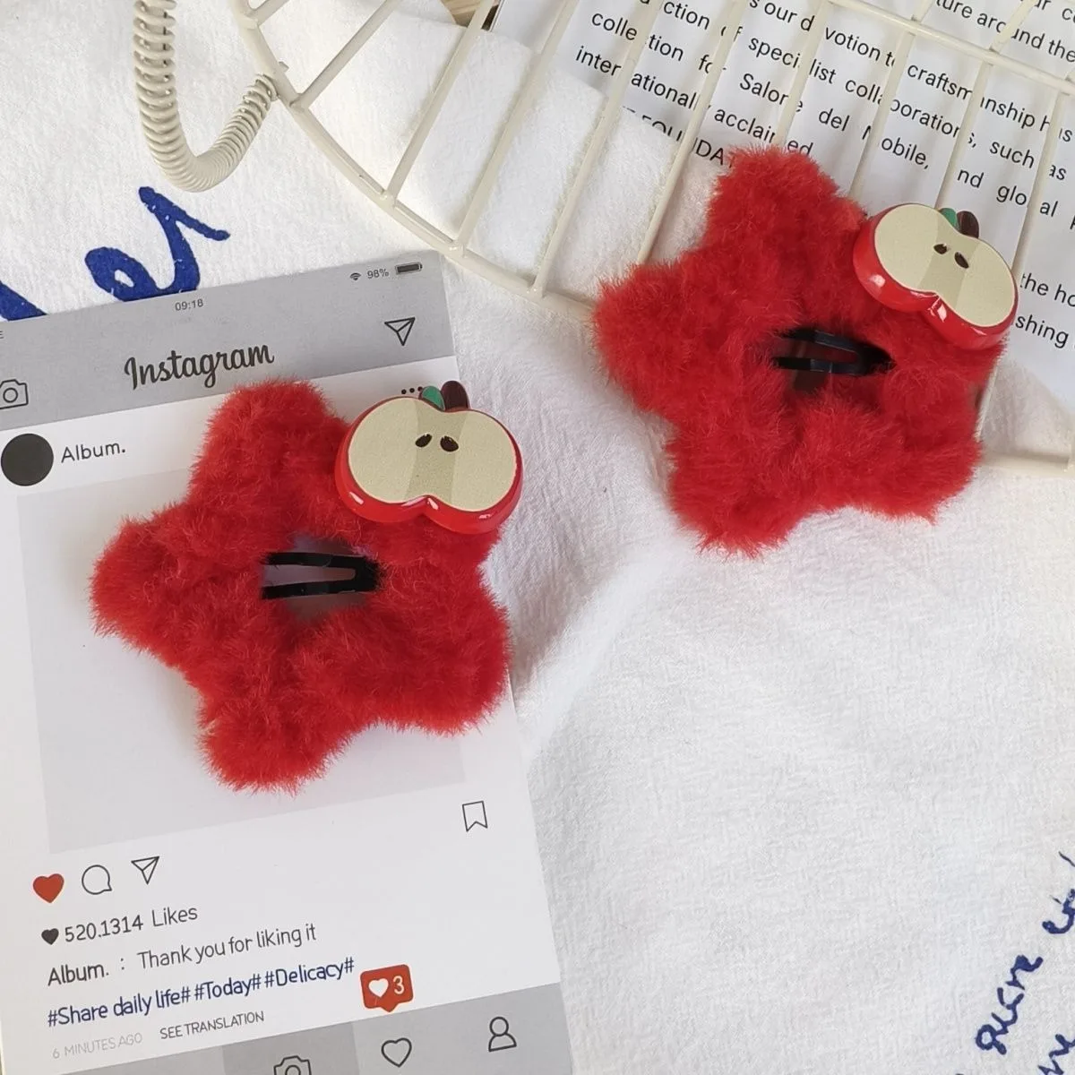 2PCSRed Faux Fur Apple Hair Clips,Cute Fruit-themed Hairpins,Soft Fluffy Hair Accessories For Women, Adorable Fashion Hair Decor