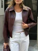 Vintage Wine Red Loose Short Leather Jacket Women Fashion Lapel Long Sleeves Zipper Cropped Coat 2025 Autumn Lady Street Outwear 2