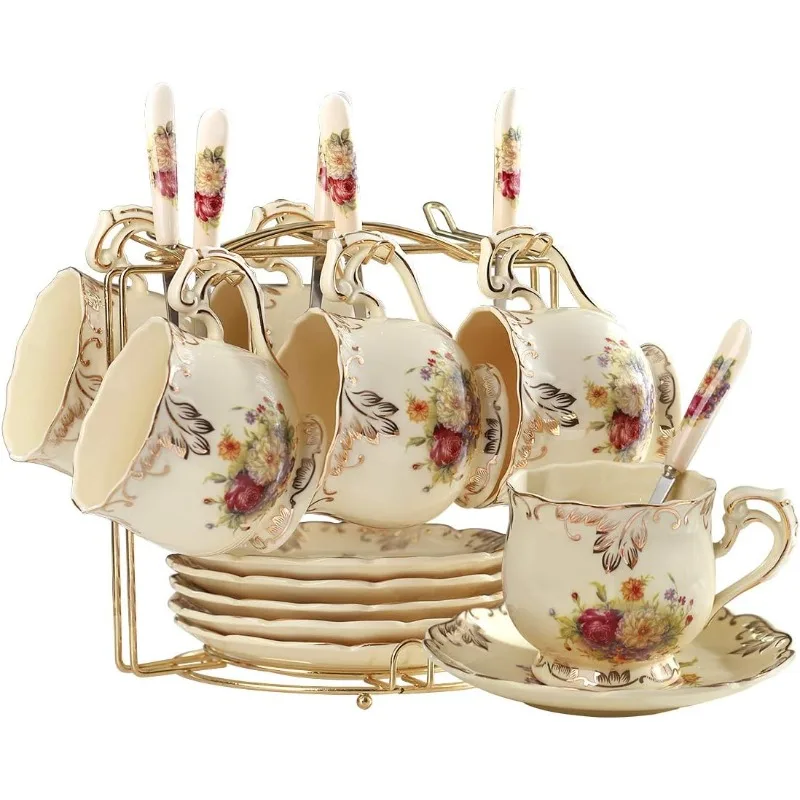 Flowering Shrubs Tea Cups and Saucers Set of 6, Tea Set, Ivory Ceramic Floral Cups Set with Golden Rack, Coffee Set,