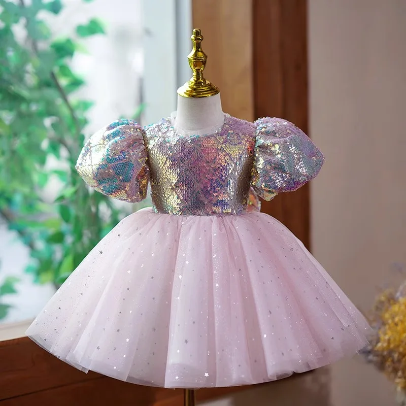 

New Elegant Girl Fluffy Dress sequin Baby Wedding Ceremony Costume Birthday Outfits 1st Communion Tutu Gown Kids Gala Clothes