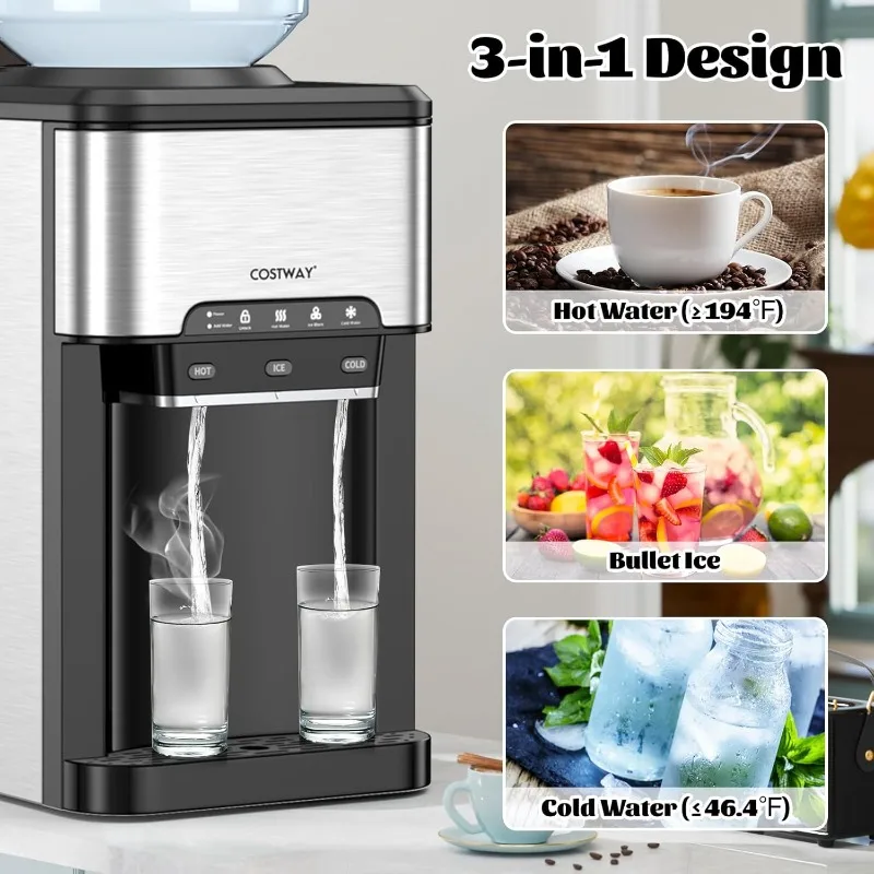 COSTWAY Water Dispenser with Ice Maker, 3-in-1 Countertop Hot/Cold Dispenser with Ice Machine, 2 Ways to Add Water, Child Safety 2