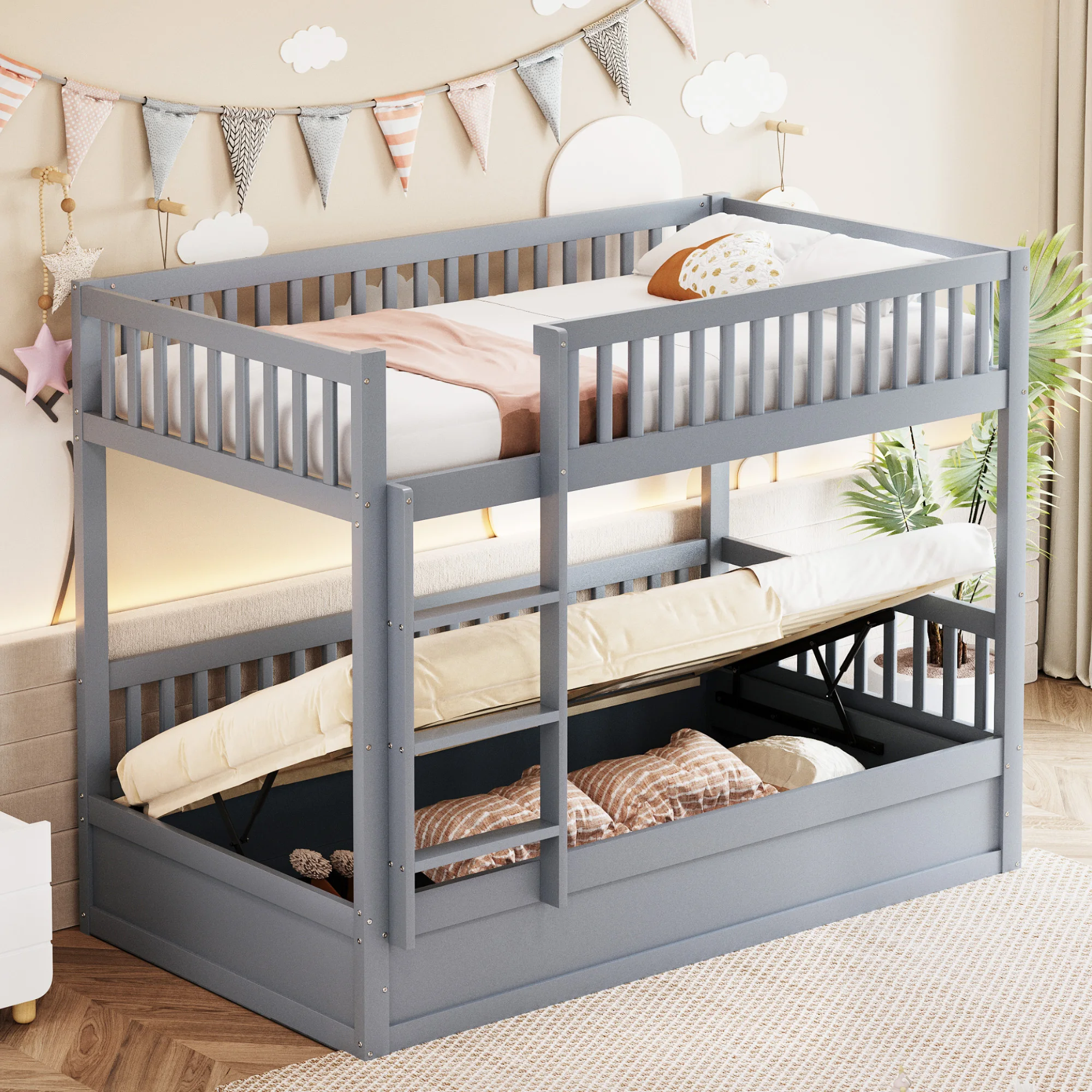 KOMHTOM Massivholz Kinder Etagenbett 90x200 cm mit hydraulischem Lagersystem robustes und langlebiges Bett für Kinder – Detail 3