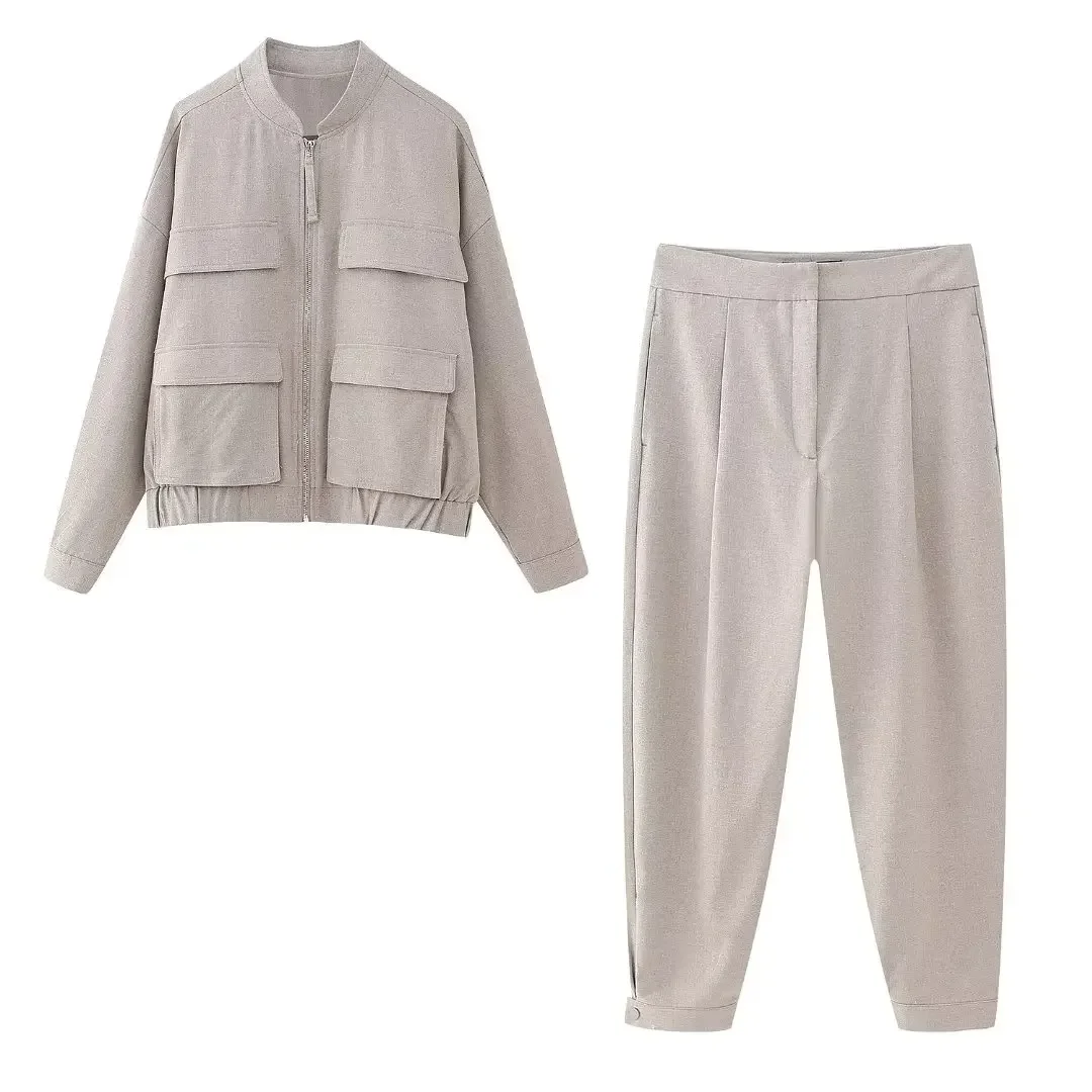 

Костюм женский из 2 предметов, модная офисная декоративная пиджак-пилот с карманами, блузка + брюки, комбинированные длинные брюки для женщин, 2023