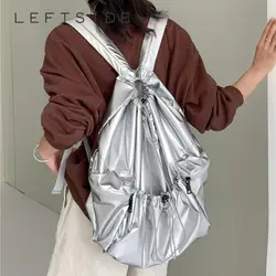 LEFTSIDE 2023 Silver Drawstring Back Pack Big PU Leather Korean Fashion Backpack for Women School Bags for Teenagers Girls