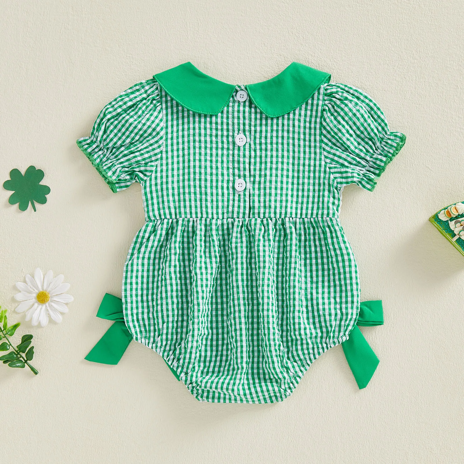 Irish Charm Toddler Girl Green Plaid Romper with Shamrock Embroidery and Doll Collar for St Patrick s Day Celebrations
