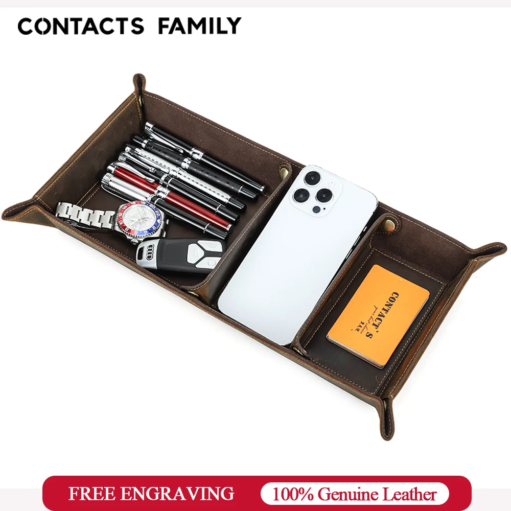Genuine Leather Desktop Tray Organizer 3 Compartments Durable Key Jewelry Cosmetic Storage Box Folding Home Decoration storage tray