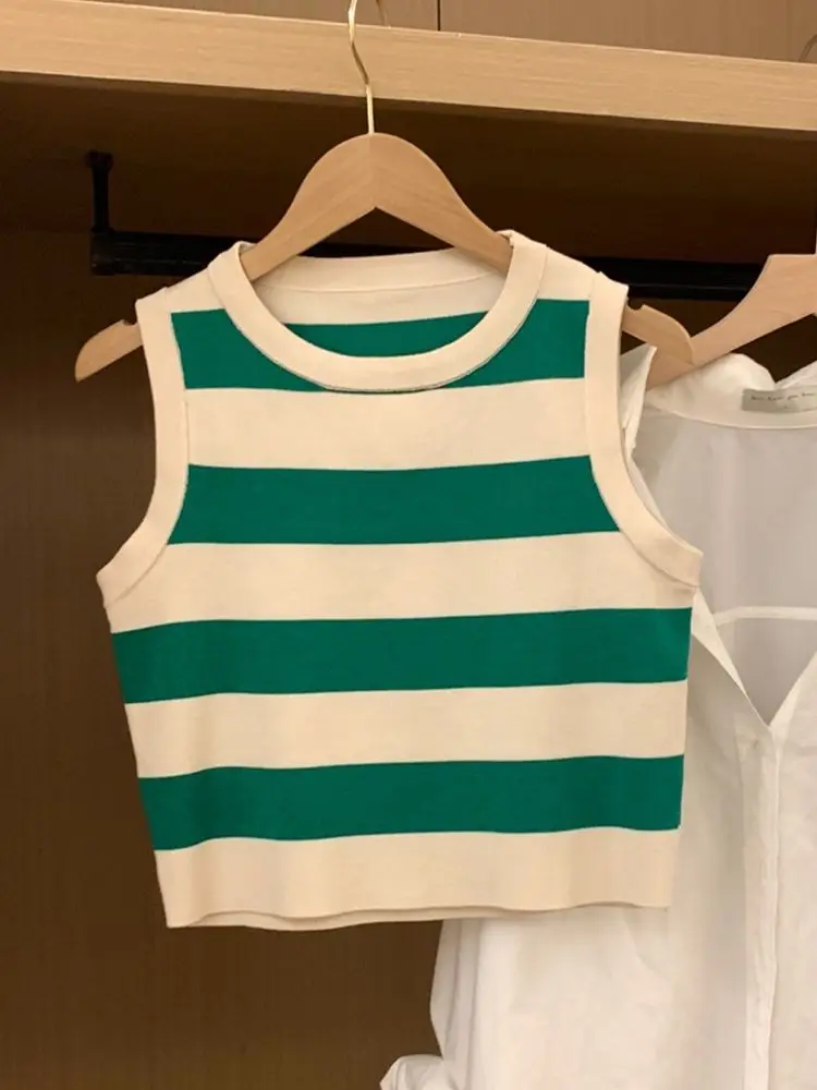 Korean Version Vintage Sweet Hot Girl Short Knitted Striped Camisole Women\'s Summer Outer Wear Pure Desire Chic Sleeveless Top
