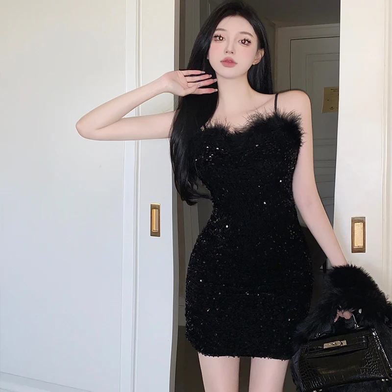 2023 new black sleeveless spaghetti strap bandage dress women sexy feathers beading clothes club party celebrity elegant dresses Fashion Party Evening Dress Glitter Women Sexy Sleeveless Slim Feathers Patchwork Sequin Black Prom Dresses Y2K Girls 2023 New