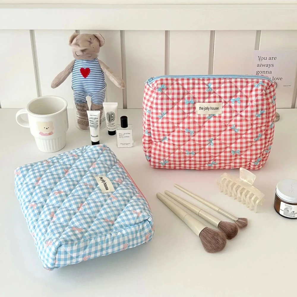 Cute Bow Cotton Makeup Bag Women Zipper Cosmetic Organizer Female Cloth Box Shape Portable Toiletry Case for Girls 5