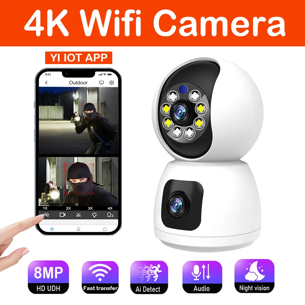 실내 4K HD 보안 카메라, CCTV 듀얼 렌즈 IP 카메라, 와이파이, 자동 추적, 풀 컬러, 나이트 비전, 무선 카메라, 스마트 홈 