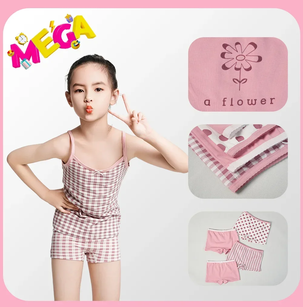 2025 Girls Cotton Tank Tops Underwear Young Teens Lingerie Kids Cartoon Vest Shorts Loungewear Set Children Undershirts 4pcs/lot 3