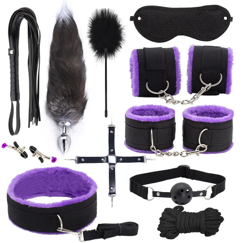 

Bondage Set Beds Restraints BDSM Handcuffs Sex Blindfold Whip Nipple Clamps Gag Anal Plug Sex Toys For Beginners Couples