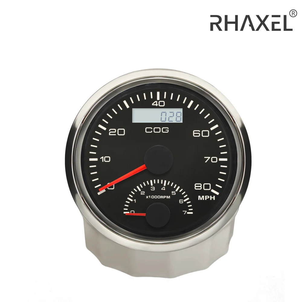 

RHAXEL Marine Universal 80MPH GPS Speedometer with COG 0-7000RPM Engine Rev Counter for Yacht Boat 9-32V 85mm