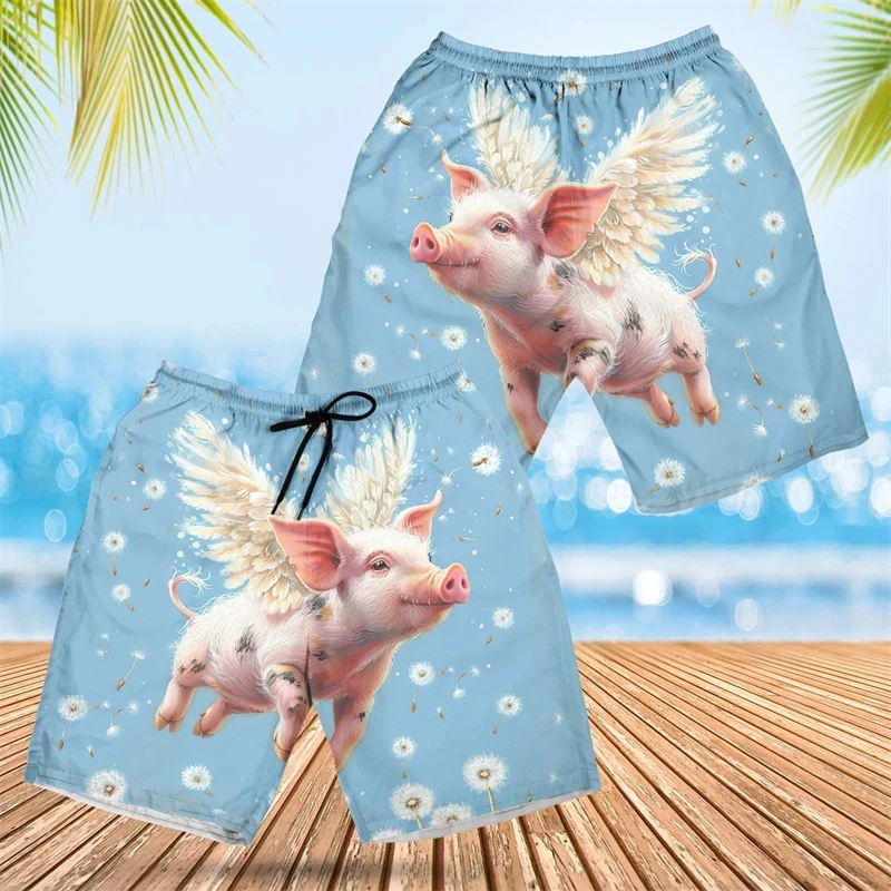 Kawaii Cartoon Pig Graphic Short Pants For Men Clothing Funny Design Beach Shorts Hawaiian Swim Trunks Women Aloha Trousers 2024 2