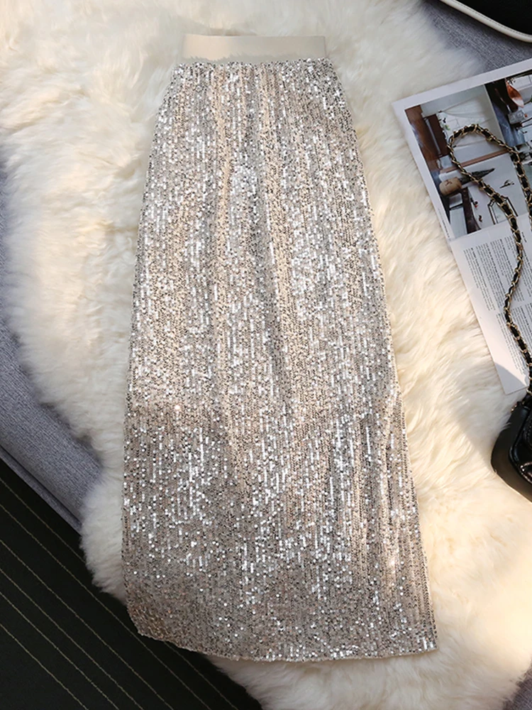 Sequin Skirts Womens Sexy Club High Fashion A Line High Waisted Hippie Skirts Elastic Band Midi Long Sexy Skirt 2022 women dresses 2023 summer fashion round neck metal sequin shawl split long swing elegant evening long dress female clothing