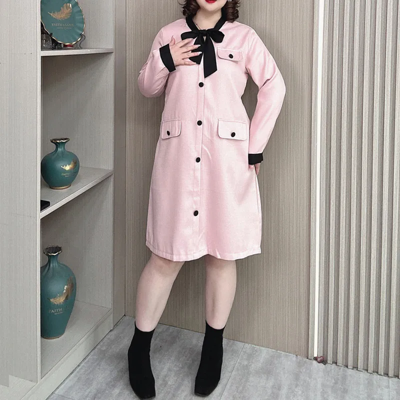 Fall New Plus Size Women Dress French Style Loose Fashion Chic Wind Bow V-Neck Pink Dress 3303