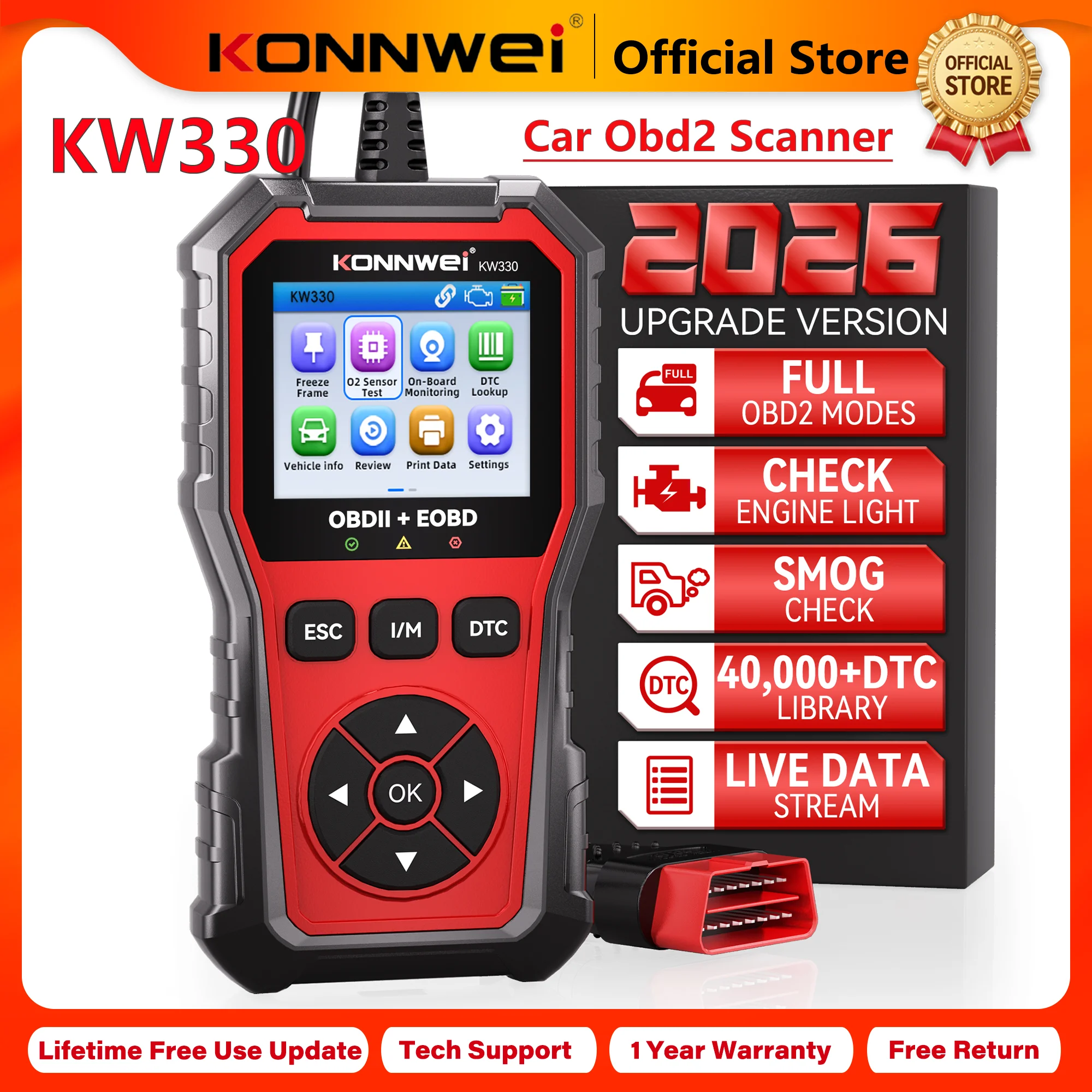 KONNWEI Car OBD2 Diagnostic Tool KW330, Professional Engine Battery Testing Fault Code Erase and Real Time Data Scanner Functions 2026