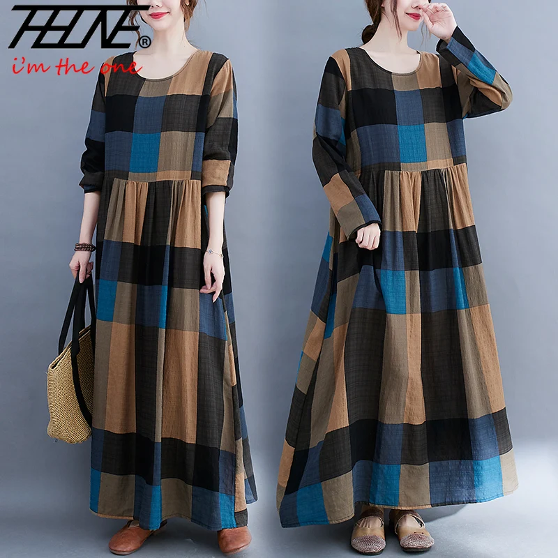 

Vestido Feminino Robe Dresses for Women Autumn Winter Cotton Linen Maxi Long Sleeve Bohemian Plaid Chic and Elegant Dress Loose