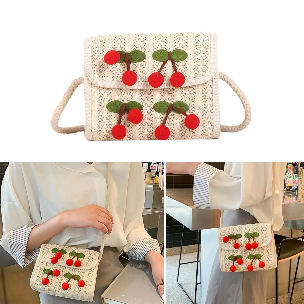 

Плетеная соломенная дамская сумочка, повседневная вместительная сумка на плечо с рисунком вишни, удобный мессенджер через плечо для женщин и девушек