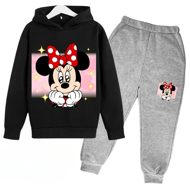 thumbnail image 1 of Conjunto de 2 piezas de sudadera con capucha y pantalones de manga larga con estampado de dibujos animados de Mickey Minnie para primavera y otoño, ropa deportiva informal para niños y niñas, 1 of 5