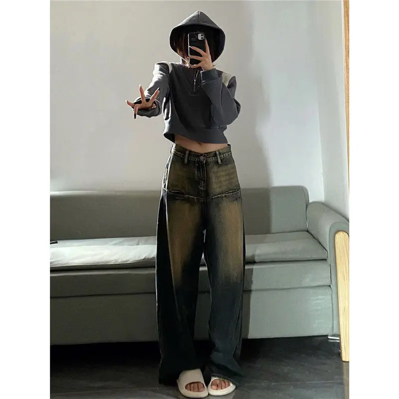 

New Fashion Retro Distressed Jeans Women's Autumn New Vertical Straight Trousers Loose Slim High Waist Wide Leg Pants Trendy