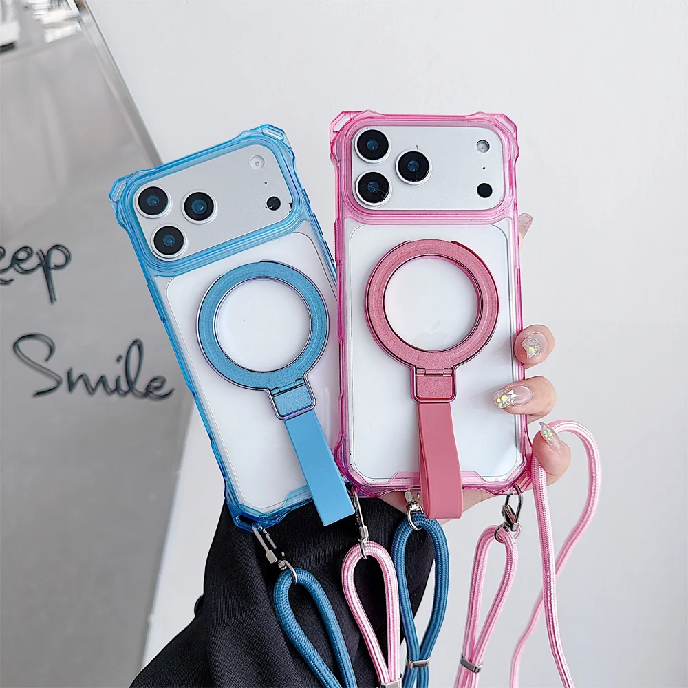 Versatile Crossbody Lanyard Phone Case with Soft Wrist Strap and Magnetic Stand - Clear Acrylic Armor Cover