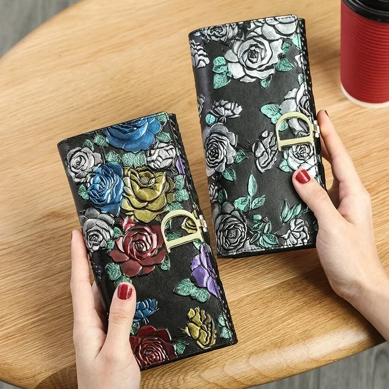 Embossed Genuine Leather Women's Retro Long Clutch Wallet
