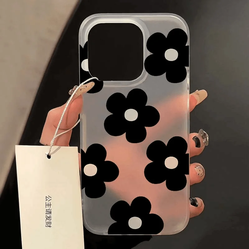Elegant Full Screen Black Floral Phone Case - Y2K Clear Anti-Fall Cover