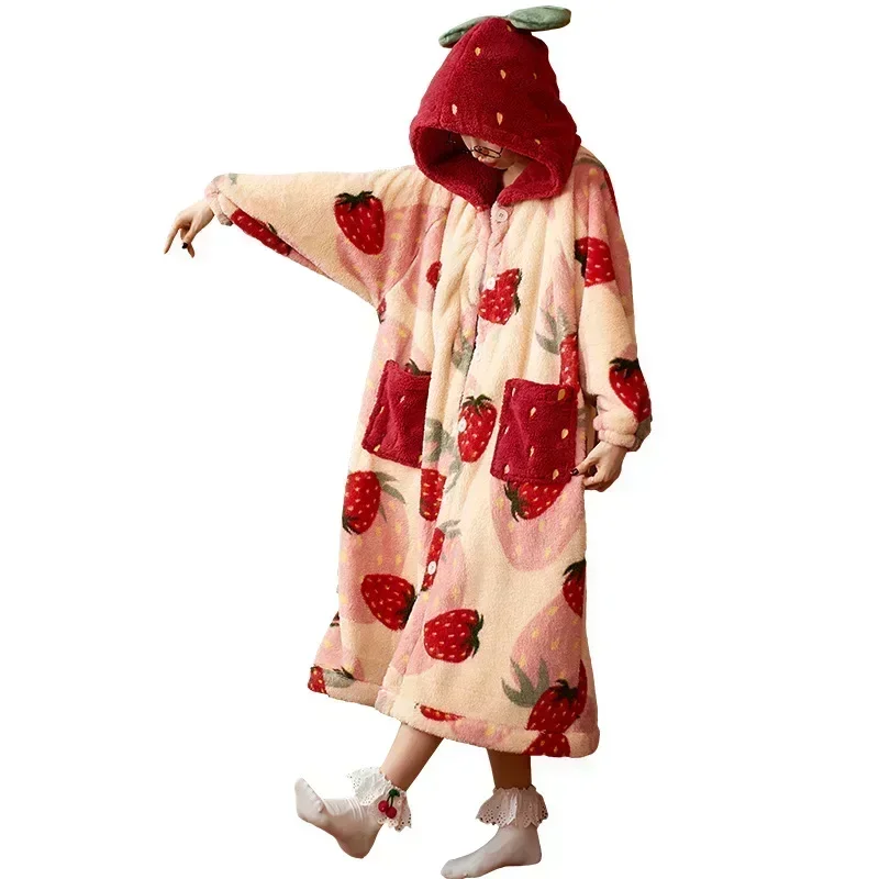 2023 Winter Pajamas For Women Cartoon Hooded Long Robe Strawberry Jacket Cute Home Wear Sleepwear Kawaii Flannel Warm Bathrobe images - 6