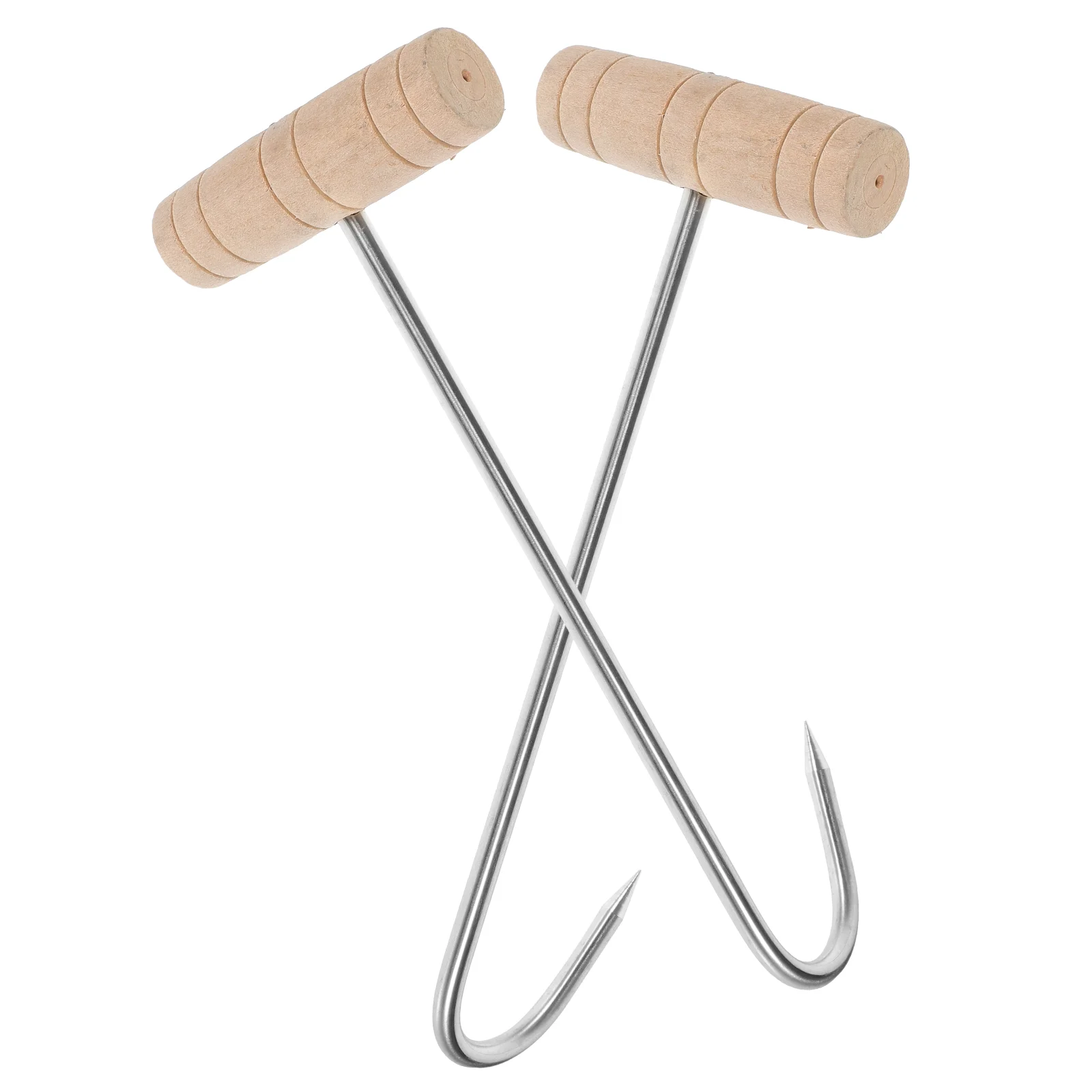 

2pcs Aluminium Alloy Meat Hook Wood Handle T Shaped Bacon Meat Hanging Hooks
