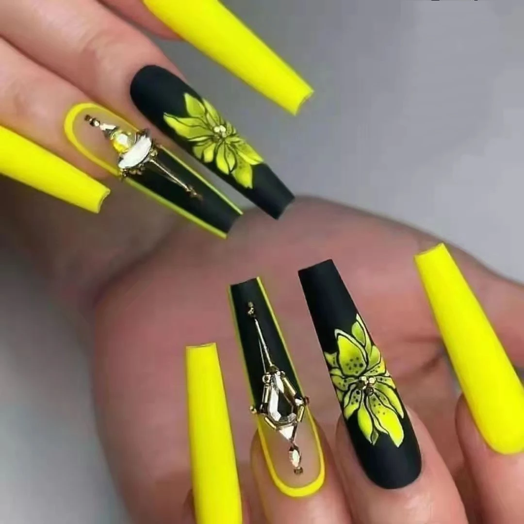 Juego de uñas postizas en 3D, cápsula francesa larga con forma de ataúd,  suministros de manicura, diseños de flores amarillas| | - AliExpress