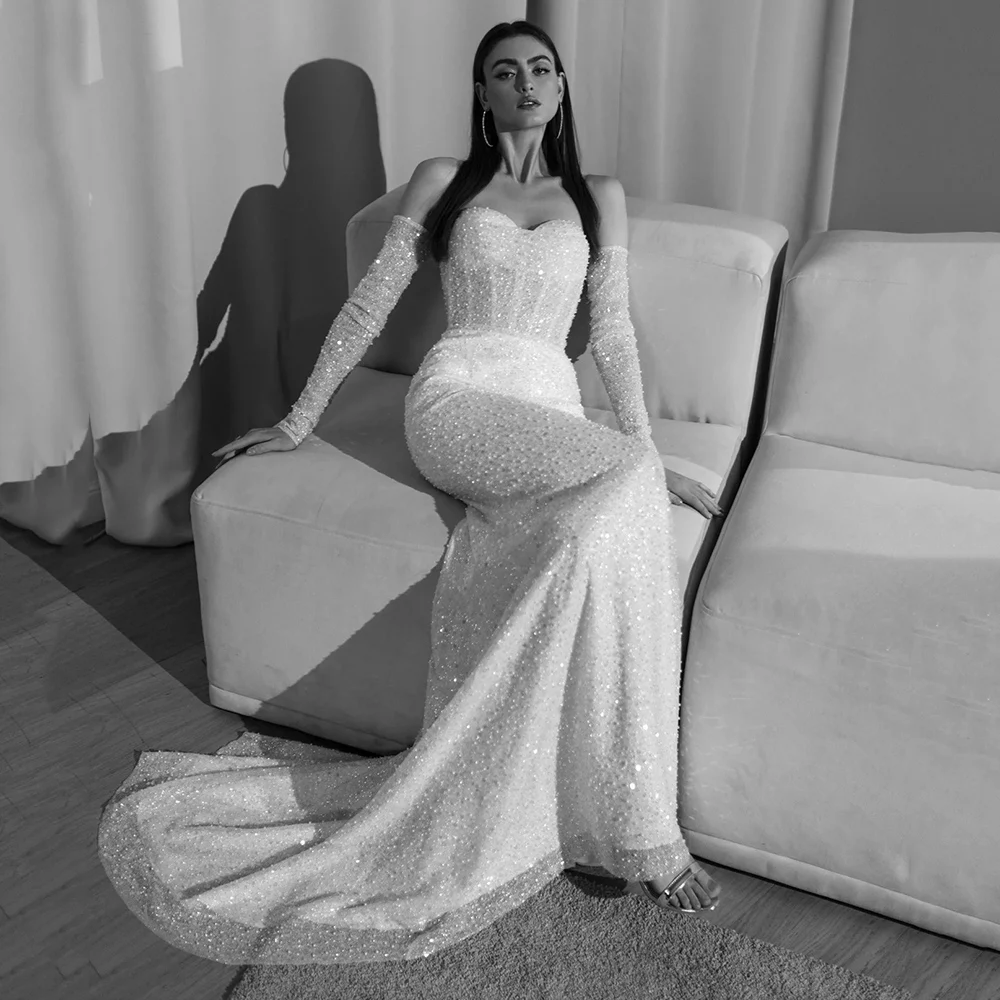 

Exquisite Beaded Mermaid Wedding Dresses Sweetheart Pearls Civil Bridal Gown Customized Boho Bride Dress Vestido de Novia