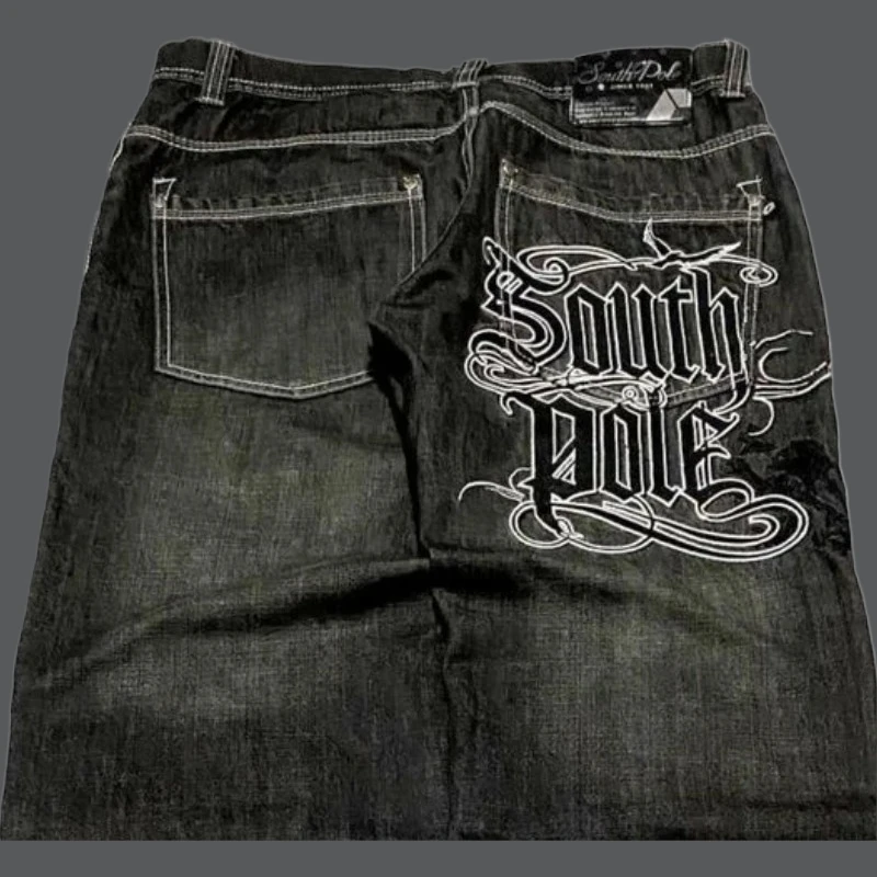 Y2K New Southpole Jeans American Retro Gothic Graphic Embroidery Baggy Jeans Men's Harajuku Hip-Hop Wide-Leg Pants Street Wear 2