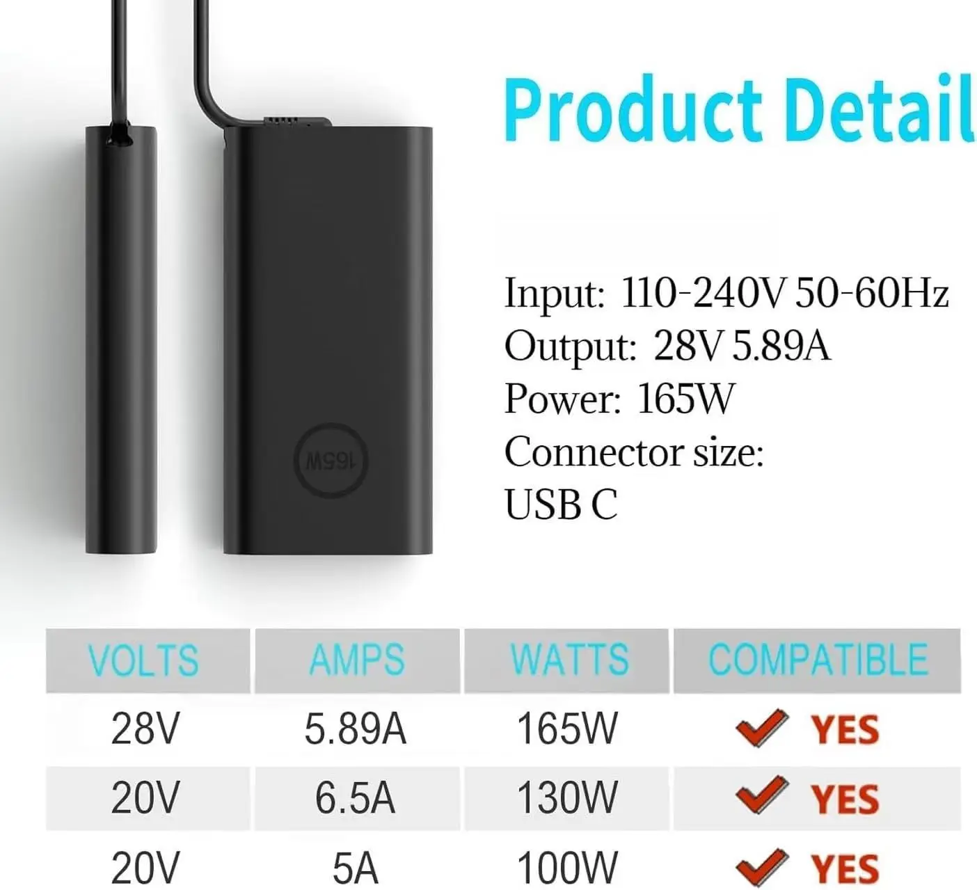165W USB/Type C 노트북 전원 어댑터 충전기 (델 프리시전5680 5690 3581 XPS17 15 9730 9720 프로 맥스16 18 래티튜드 7640 5440 호환)