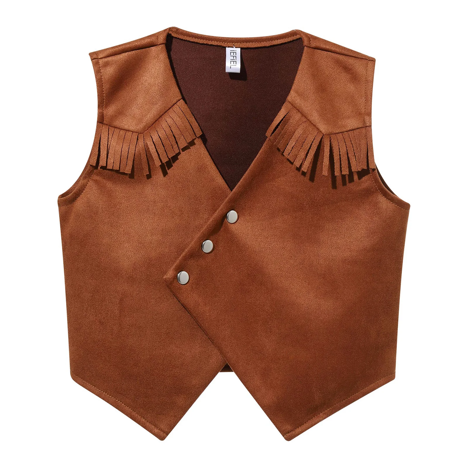 

Halloween Brown Kids Boys Western Cowboy Cosplay Costume Pointed Hem Press Buttons Fringe Tassels Vest for Theme Party Carnival