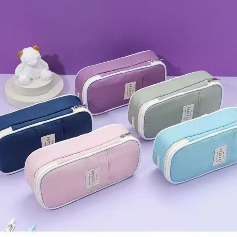 마크론 컬러 블록 캔버스 스트레치 필통 다기능 연필꽂이 심플 대용량 수납 가방